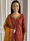 Rust Printed Readymade Salwar Kameez In Cotton