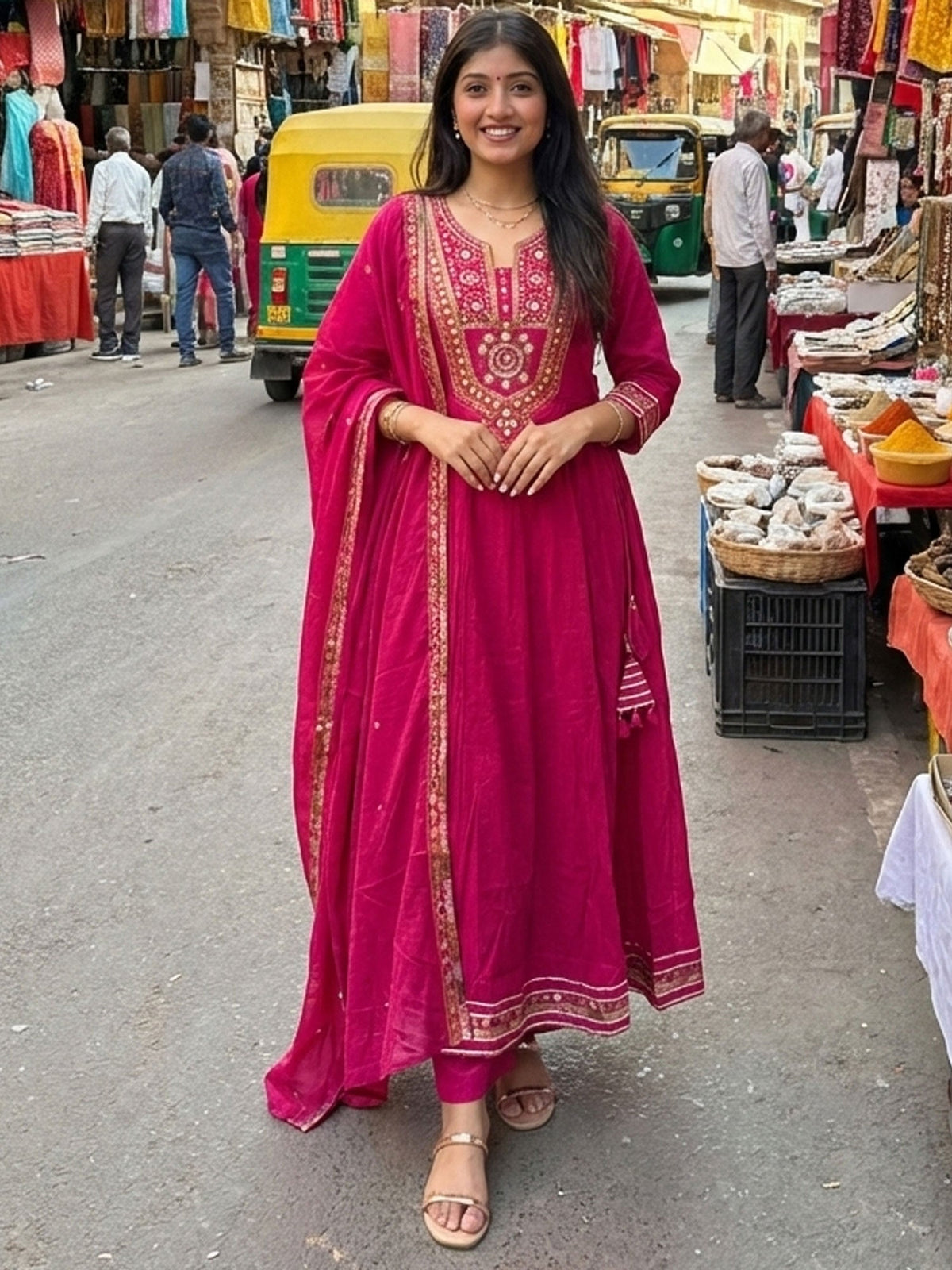 Rani Pink Embroidered Anarkali Style Salwar Suit