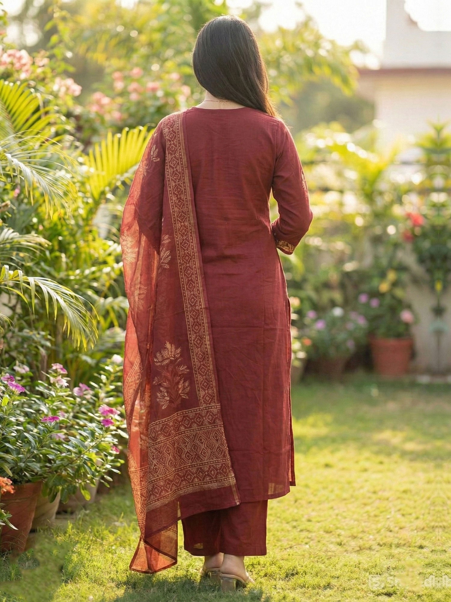 Brown Readymade Festive Salwar Kameez In Print