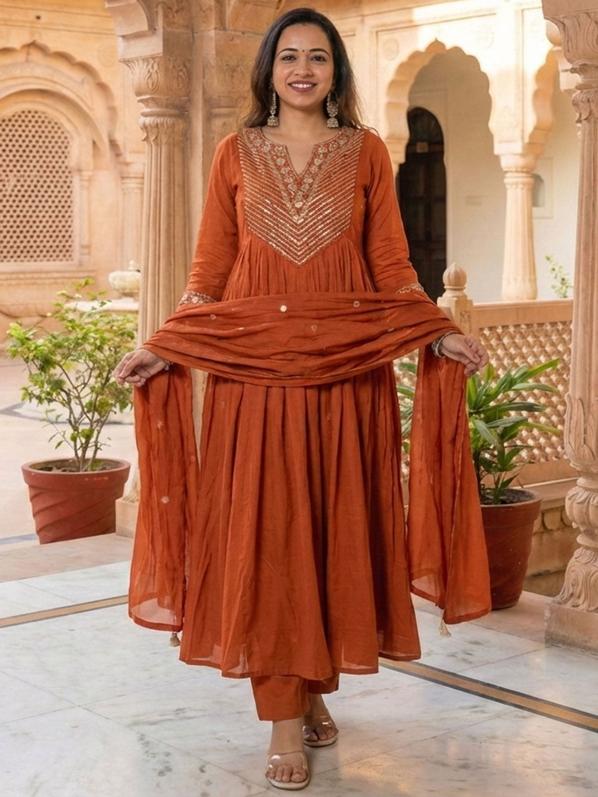 Orange Sequins Embroidered Cotton Salwar Kameez