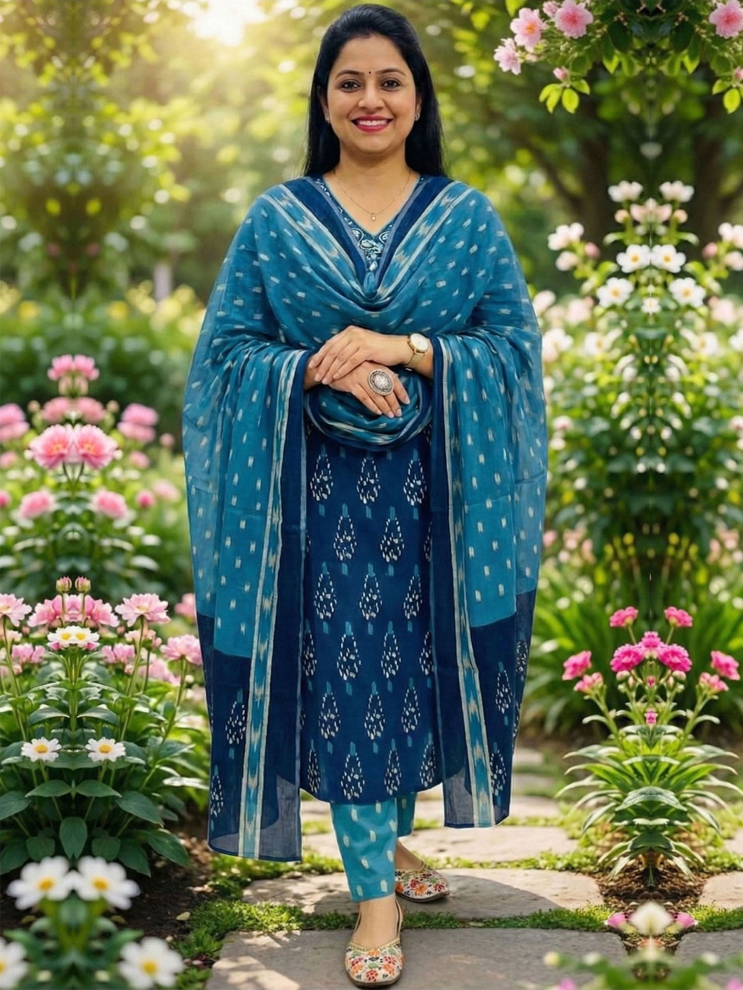 Blue Floral Printed Salwar Kameez With Dupatta