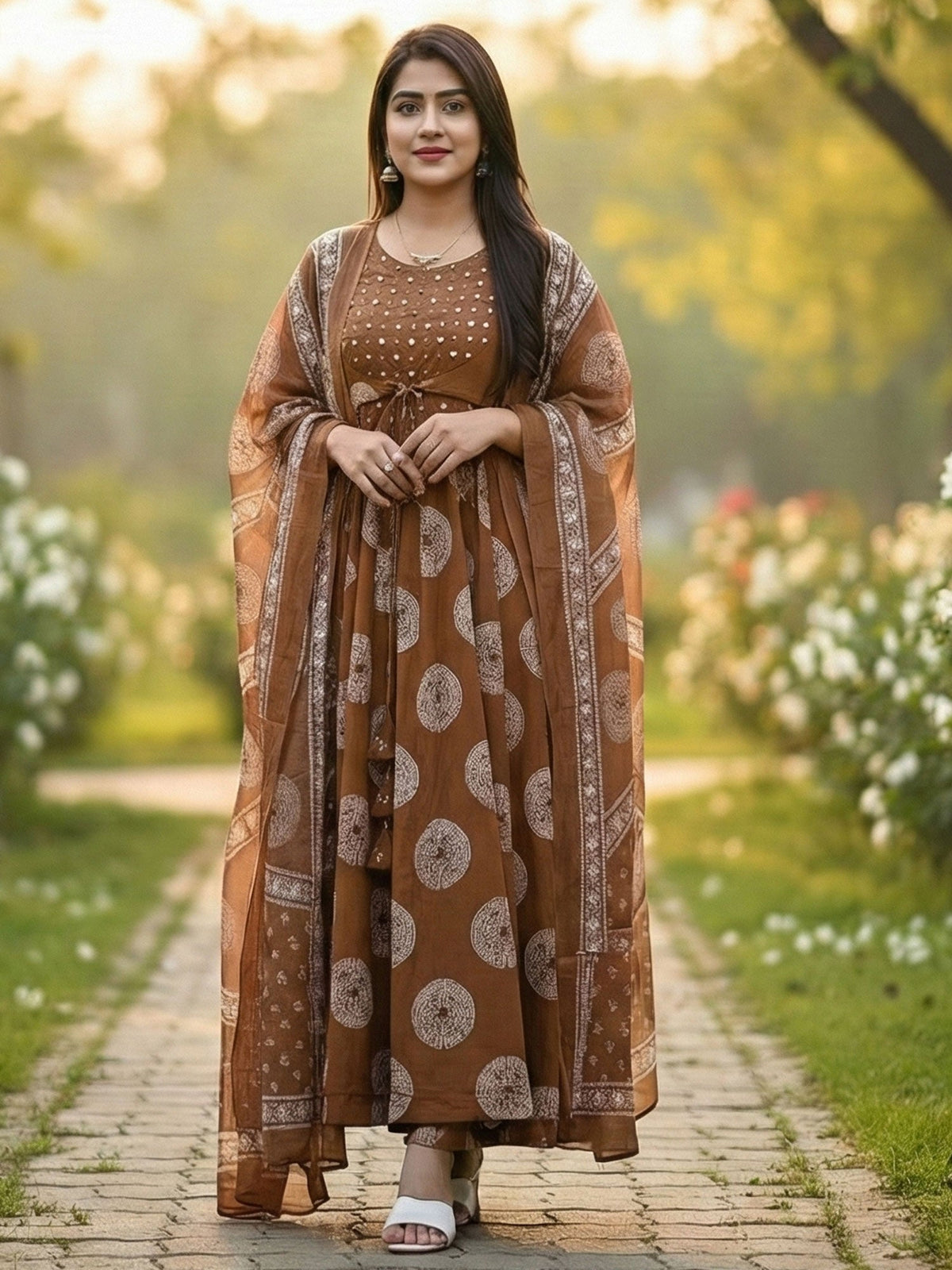 Brown Cotton Salwar Kameez In Sequins Work