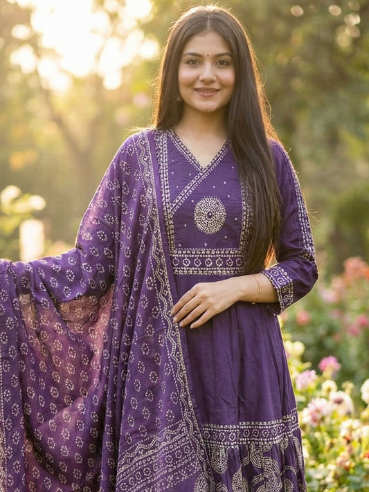 Purple Readymade Salwar Suit In Anarkali Style