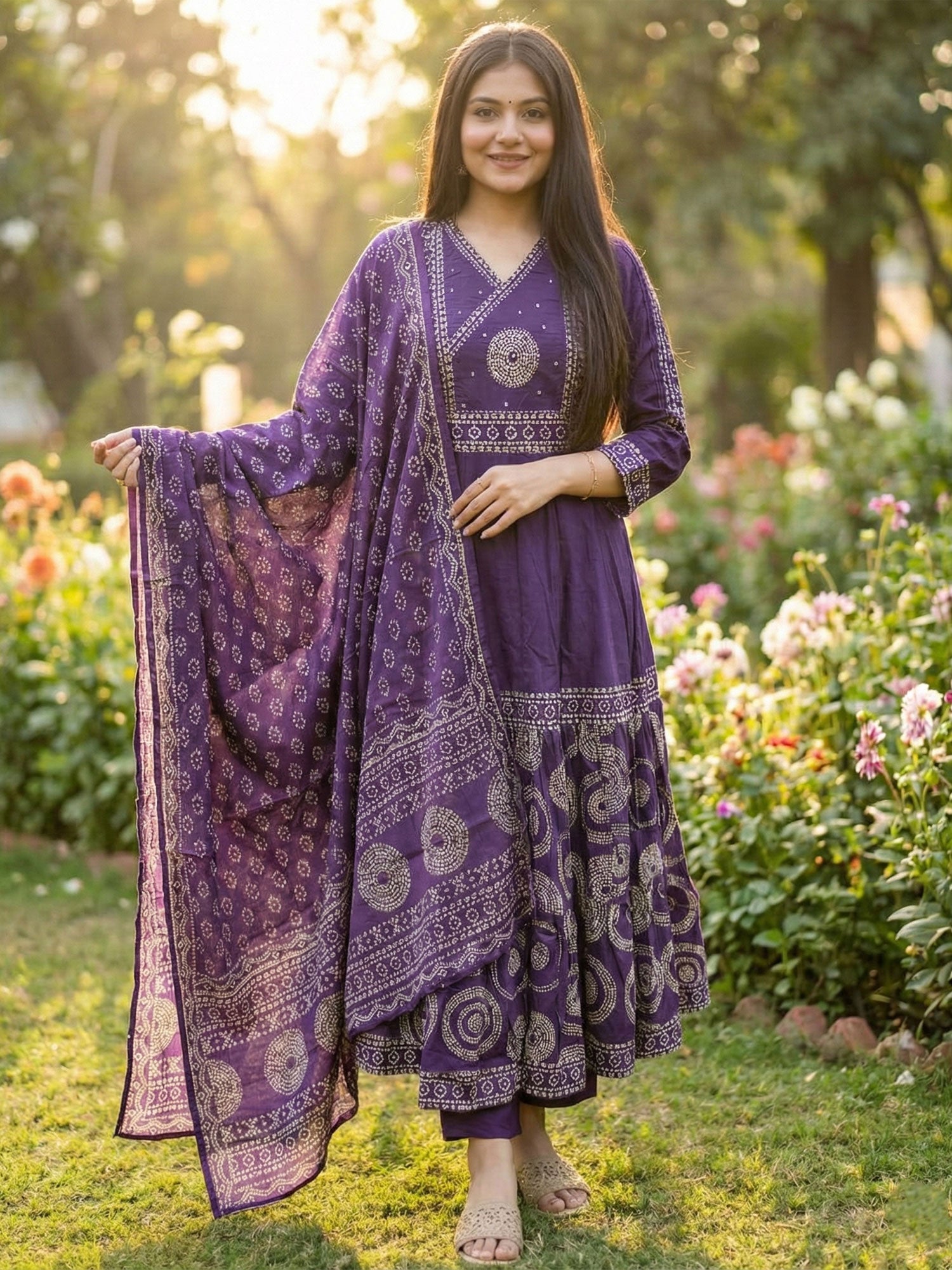 Purple Readymade Salwar Suit In Anarkali Style