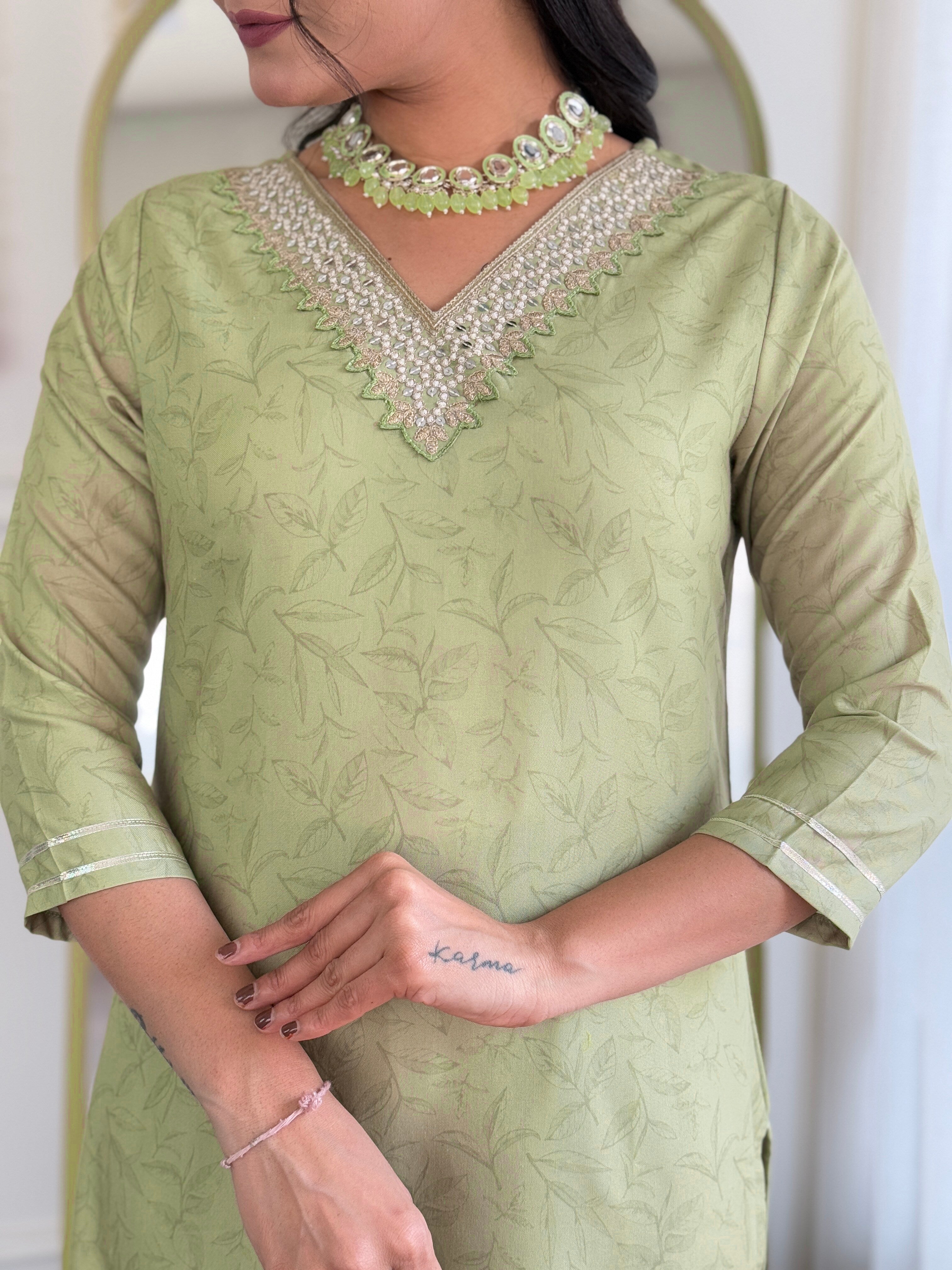 Pista Green Viscose Embroidered Salwar Suit