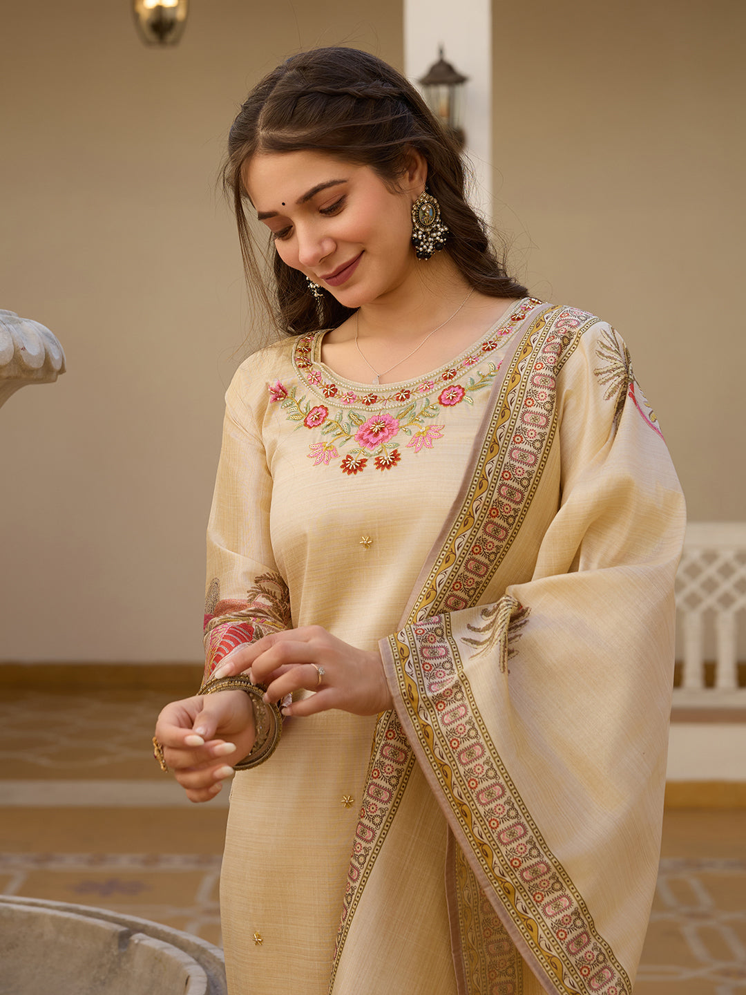 Beige Embroidered Party Wear Salwar Suit