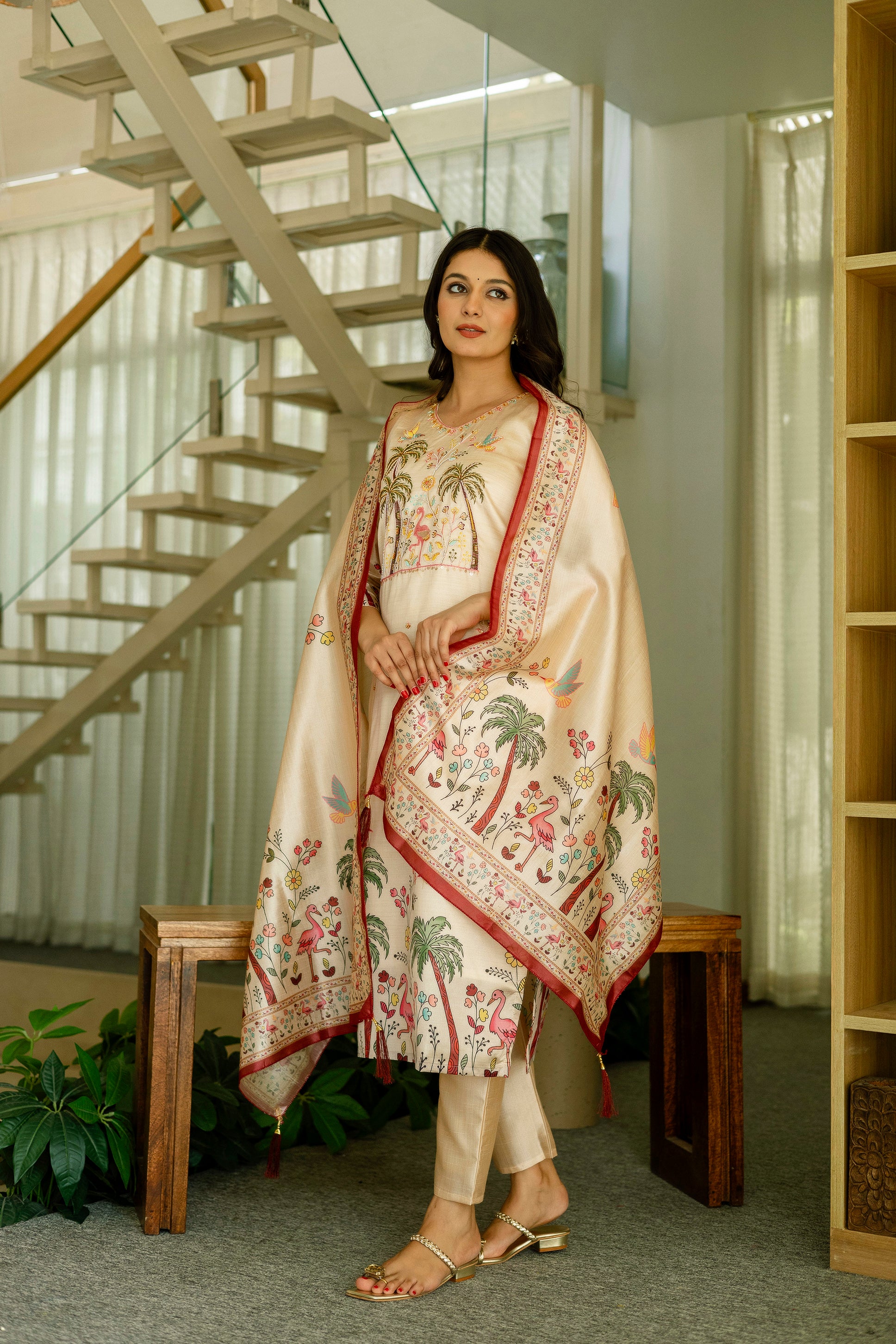 Cream Embroidered Readymade Salwar Suit
