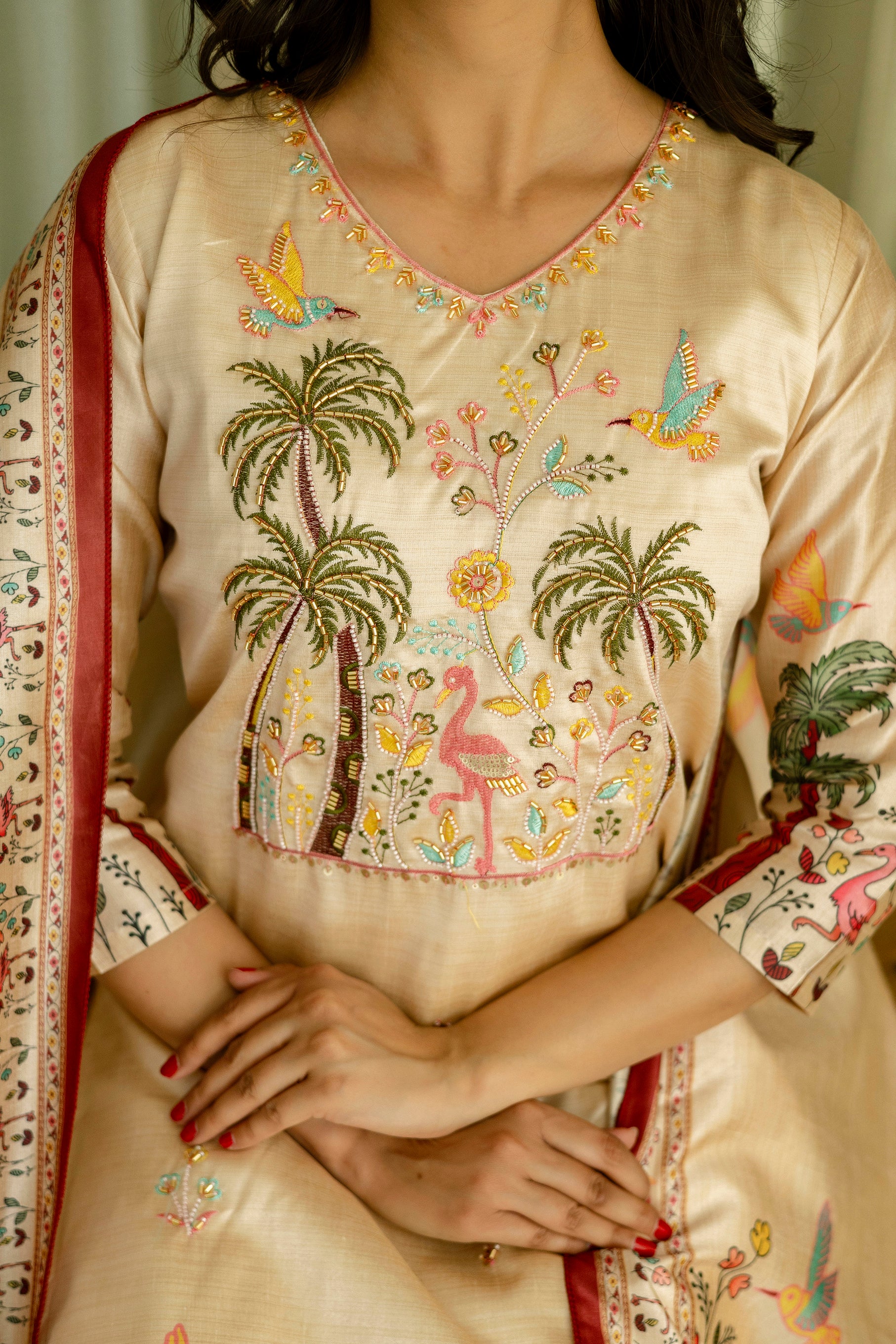 Cream Embroidered Readymade Salwar Suit