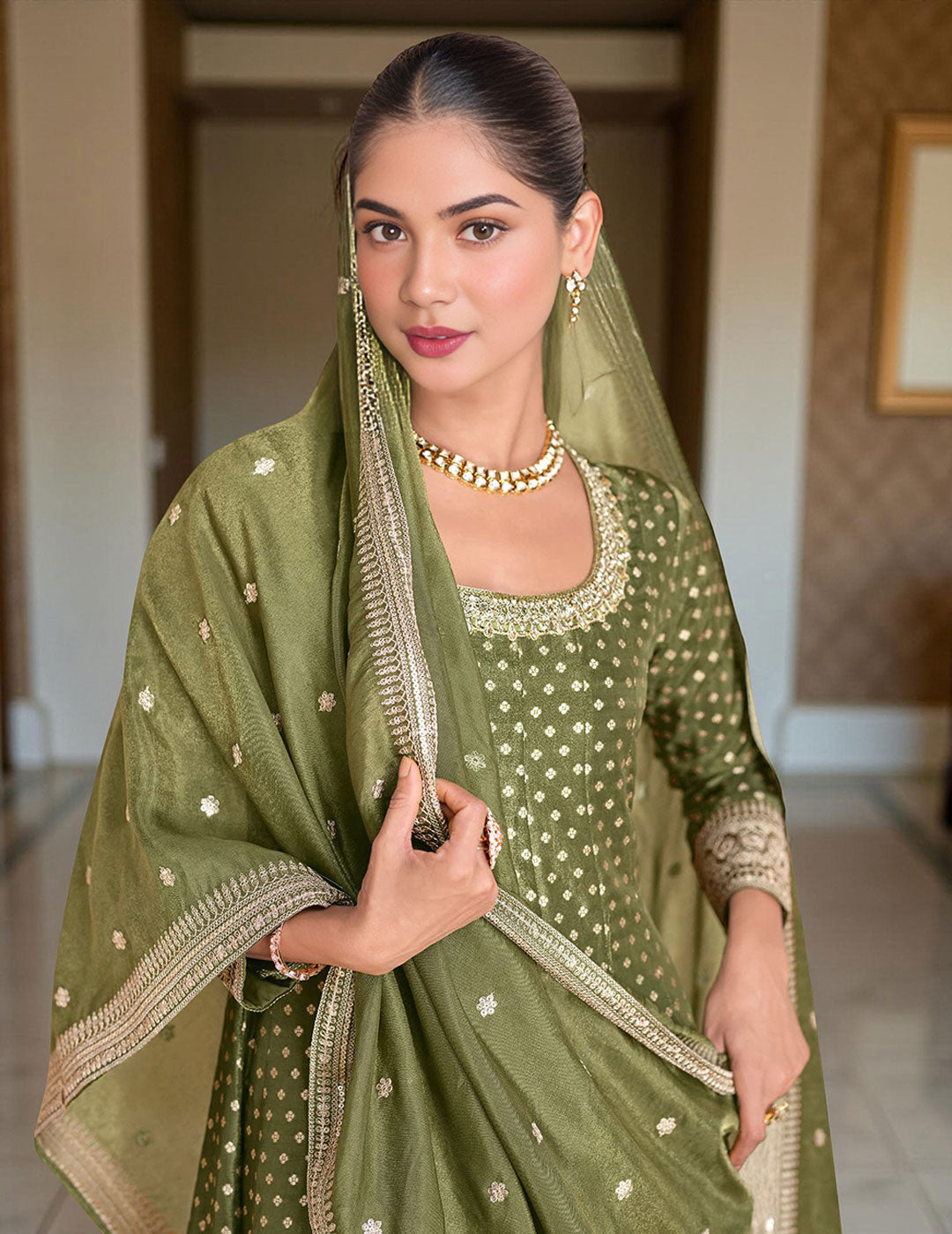 Banarasi Jacquard Neck Embroidered Kurta With Dupatta