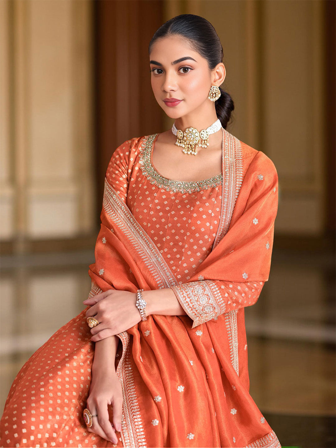 Banarasi Jacquard Neck Embroidered Kurta With Dupatta