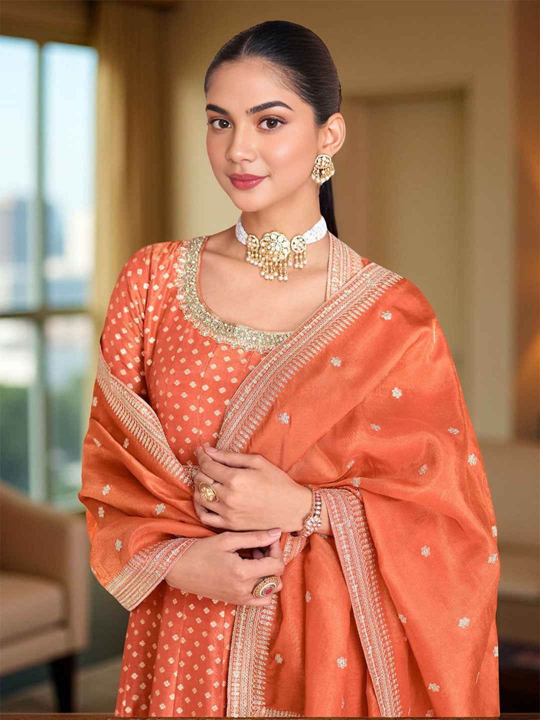 Banarasi Jacquard Neck Embroidered Kurta With Dupatta