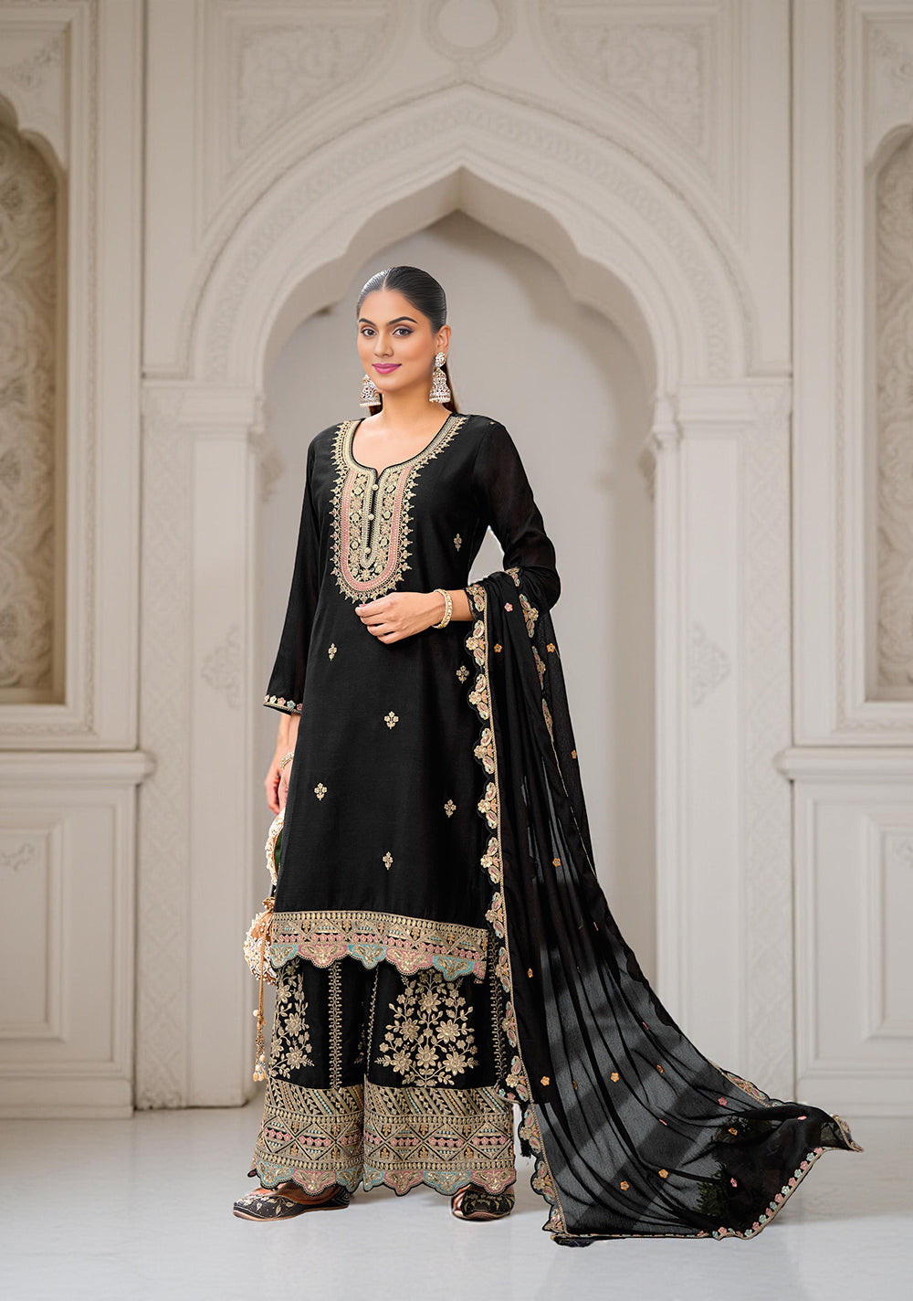 Black Art Silk Embroidered Kurta With Sharara