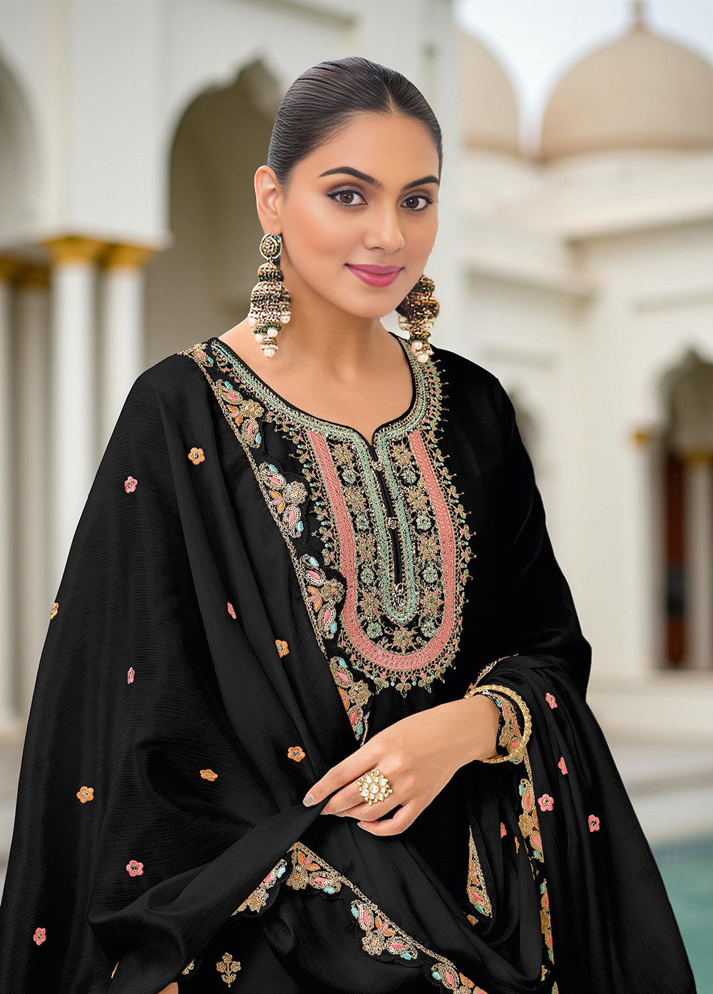 Black Art Silk Embroidered Kurta With Sharara