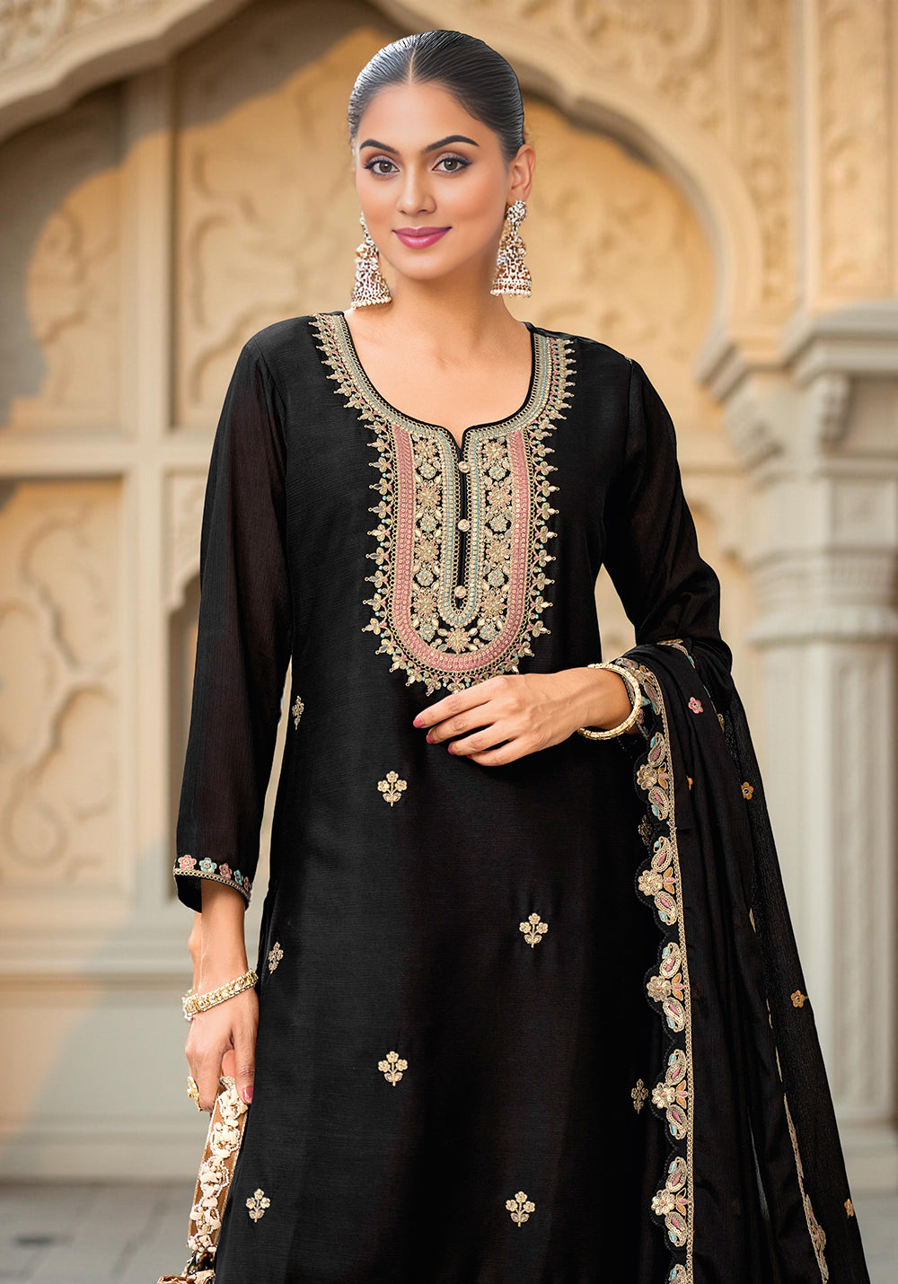 Black Art Silk Embroidered Kurta With Sharara