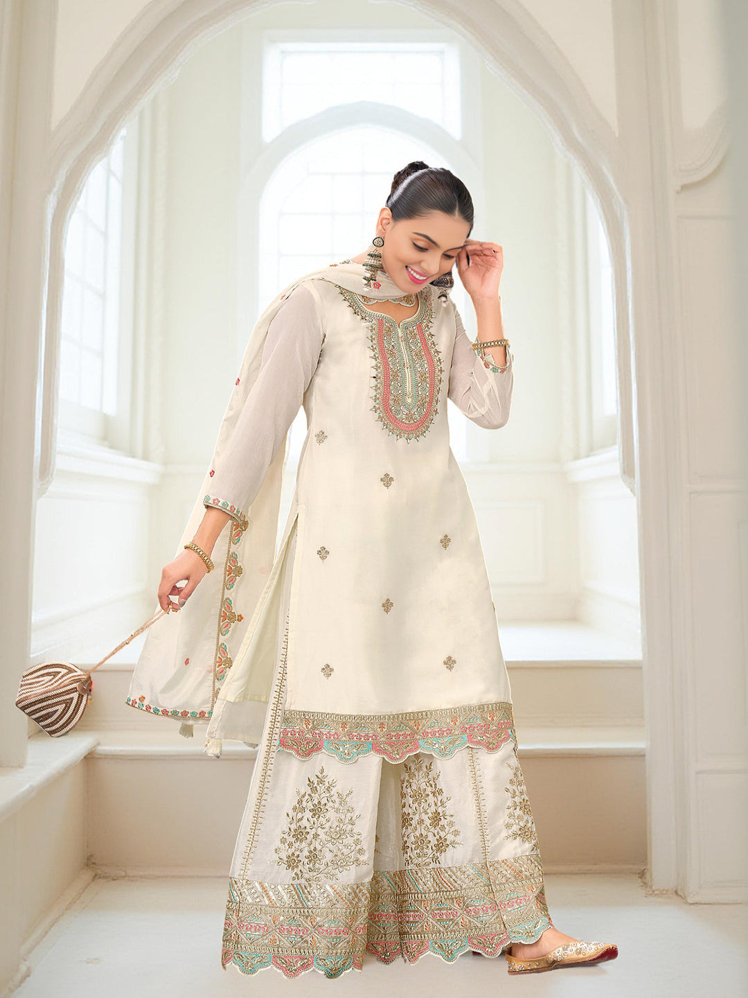 Cream Art Silk Embroidered Kurta With Sharara