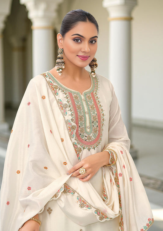 Cream Art Silk Embroidered Kurta With Sharara