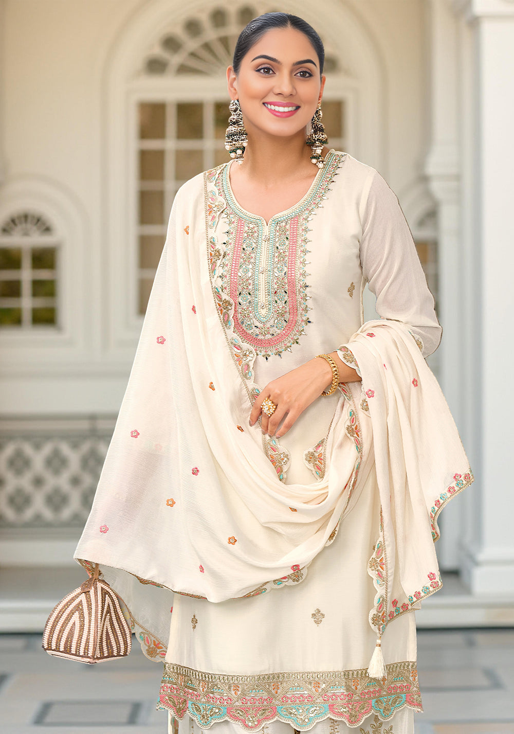 Cream Art Silk Embroidered Kurta With Sharara