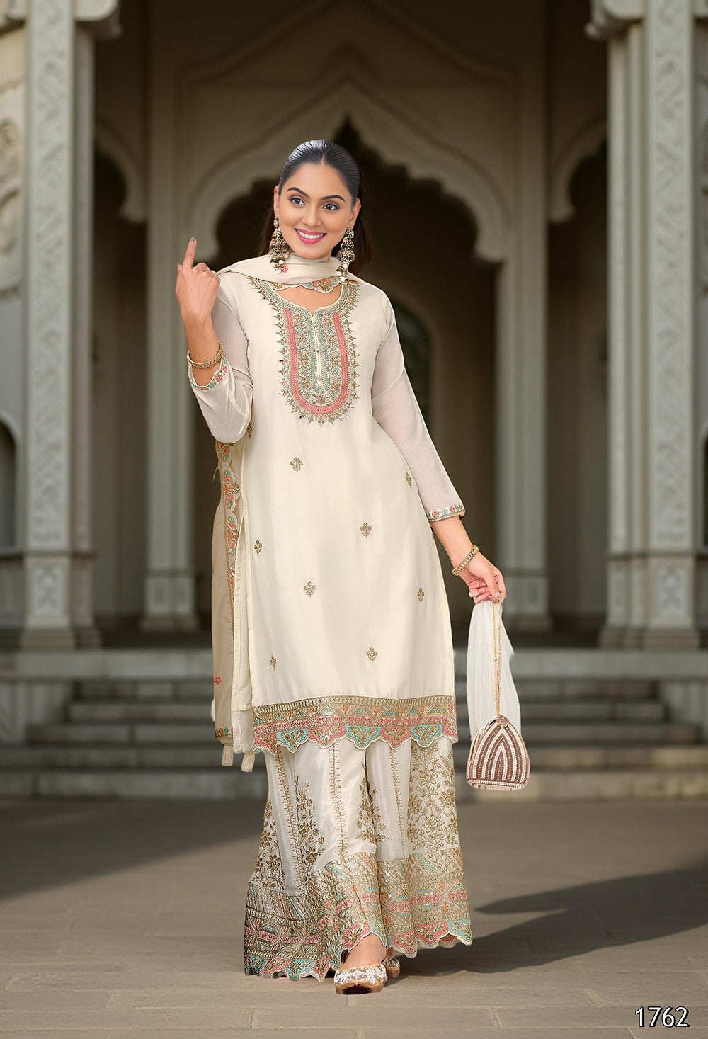 Cream Art Silk Embroidered Kurta With Sharara