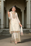 Cream Art Silk Embroidered Kurta With Sharara
