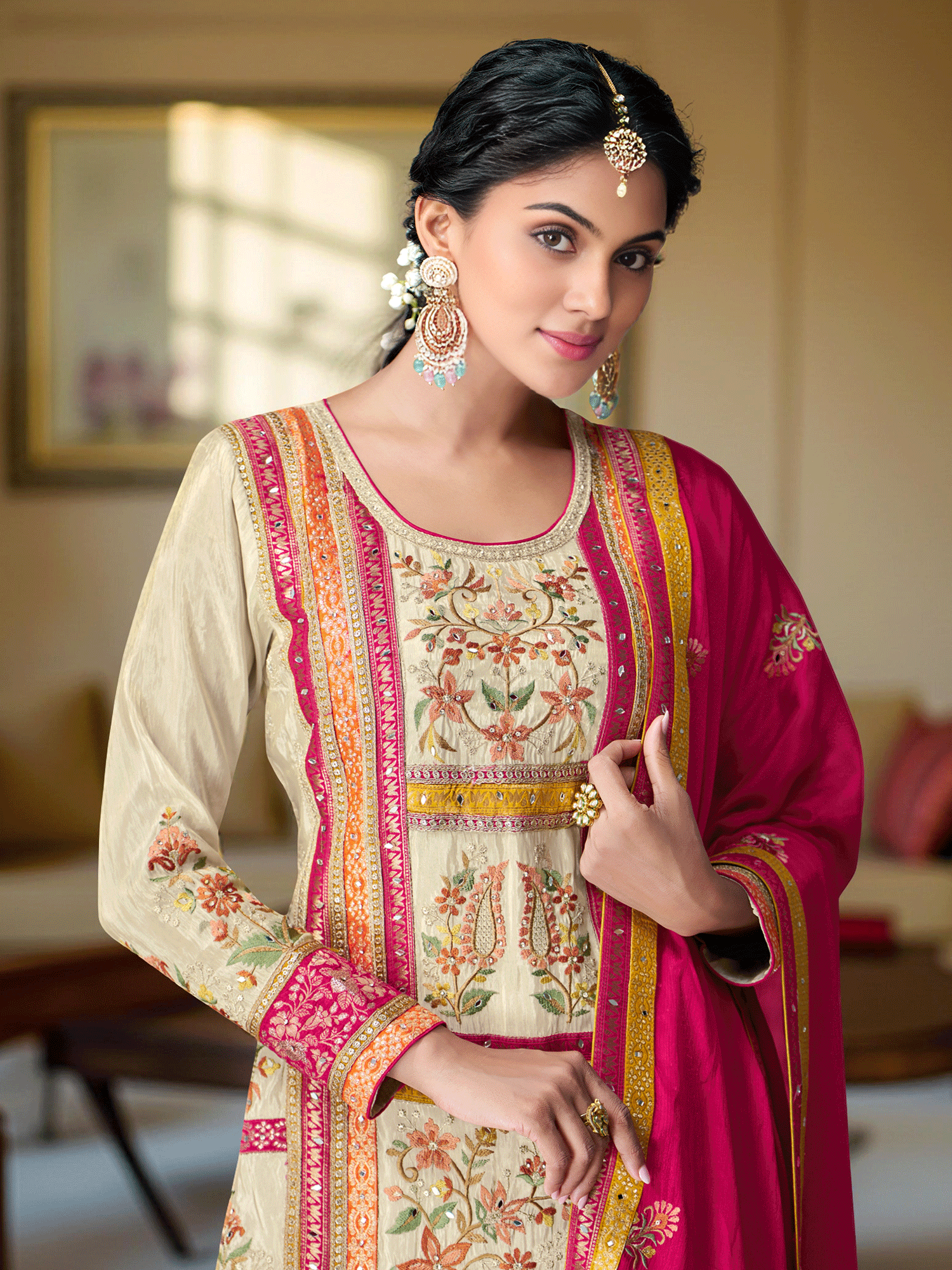 Cream Chinon Fabric Stitched Sharara Suit