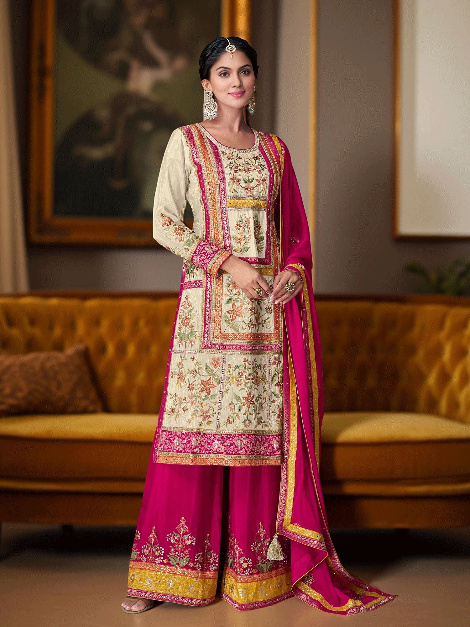Cream Chinon Fabric Stitched Sharara Suit