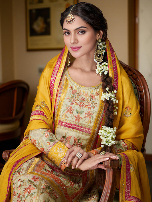 Yellow Jacquard Readymade Sharara Suit