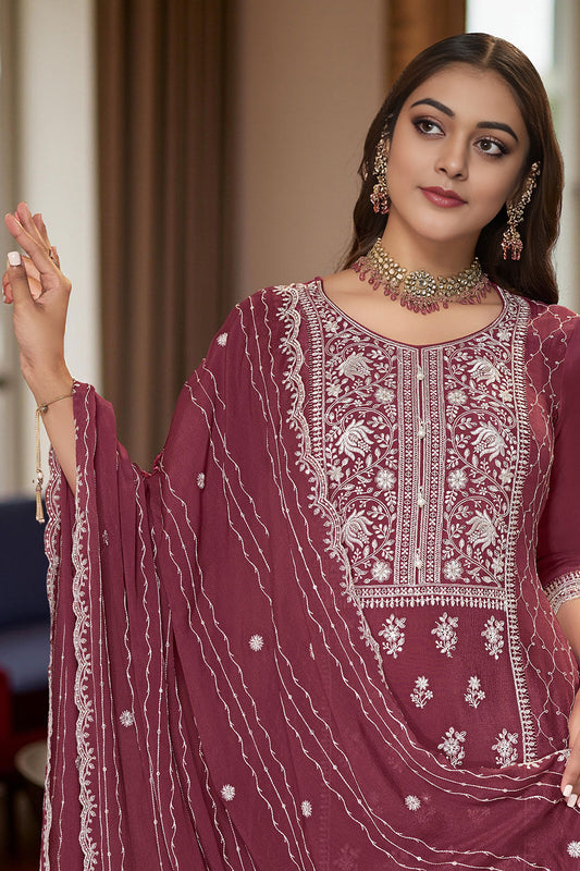 Maroon Art Silk Embroidered Kurta With Sharara and Dupatta