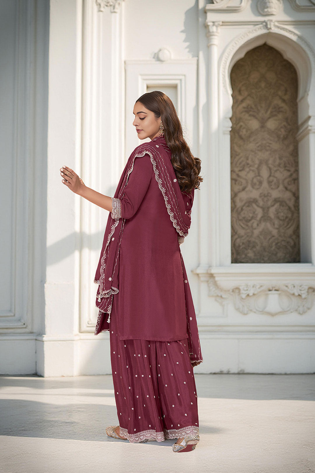Maroon Art Silk Embroidered Kurta With Sharara and Dupatta