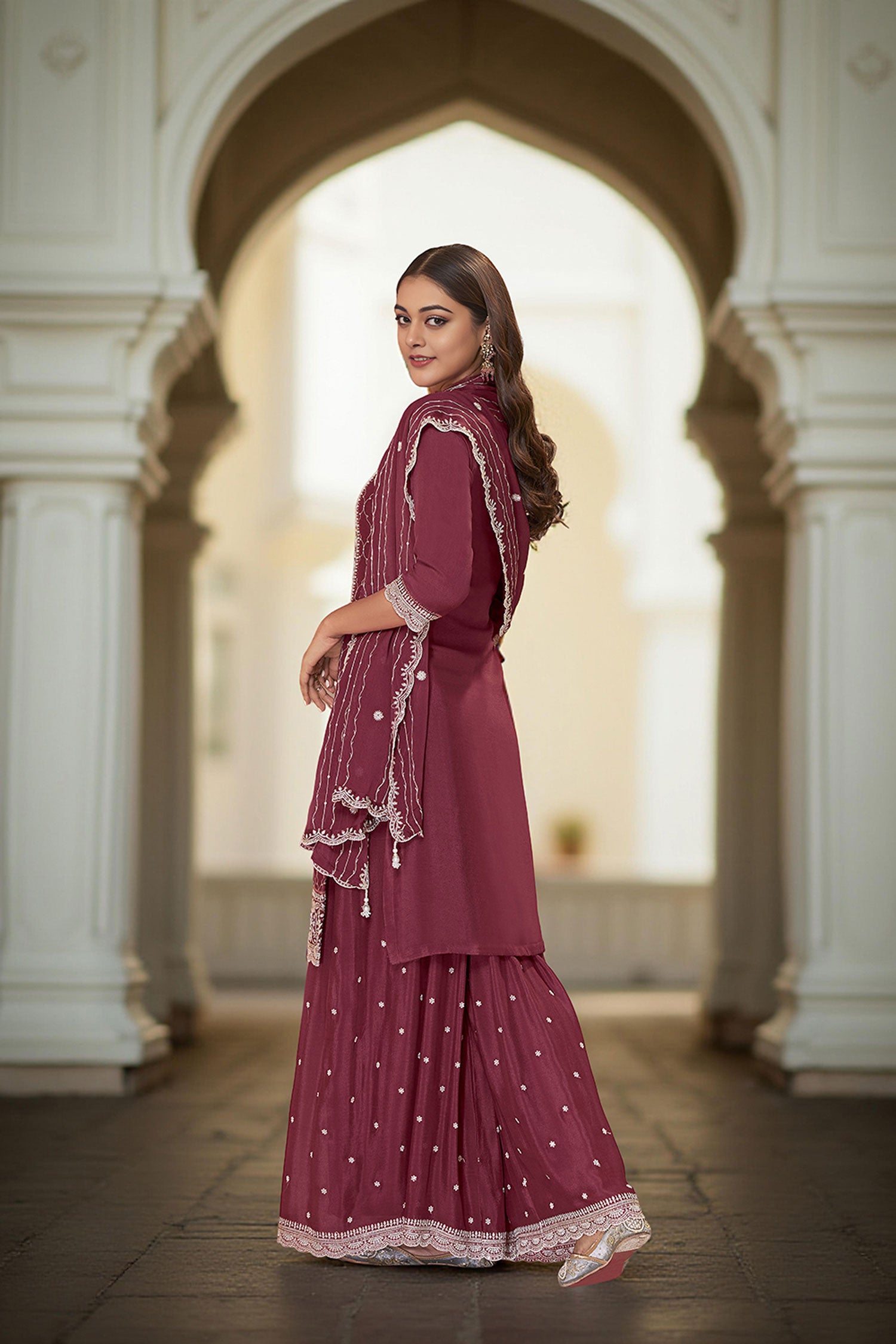 Maroon Art Silk Embroidered Kurta With Sharara and Dupatta