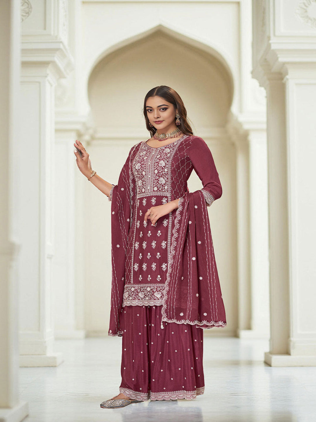 Maroon Art Silk Embroidered Kurta With Sharara and Dupatta