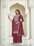 Maroon Art Silk Embroidered Kurta With Sharara and Dupatta