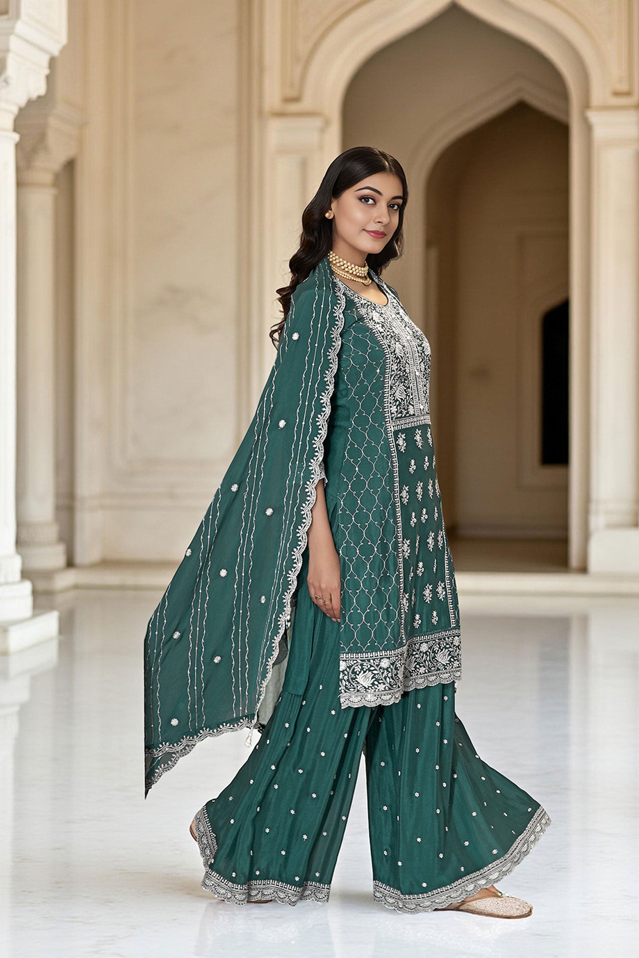 Green Art Silk Embroidered Kurta With Sharara and Dupatta