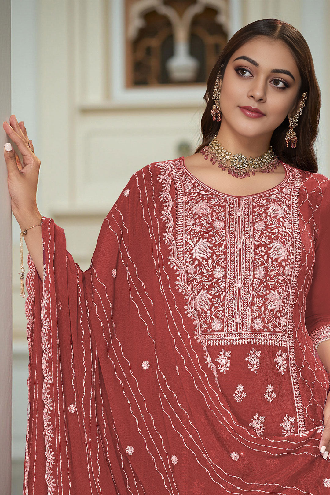 Rust Art Silk Embroidered Kurta With Sharara and Dupatta