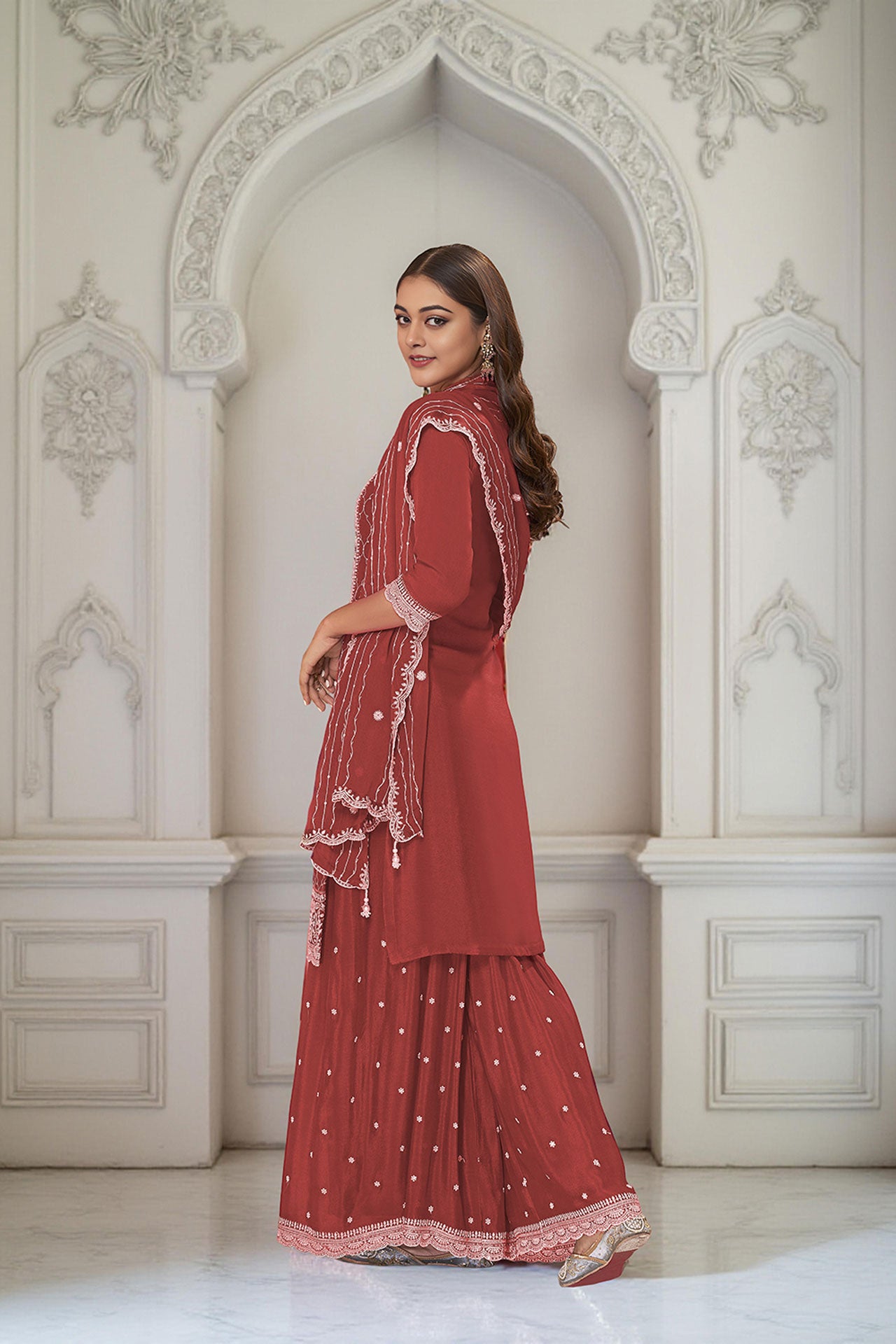 Rust Art Silk Embroidered Kurta With Sharara and Dupatta