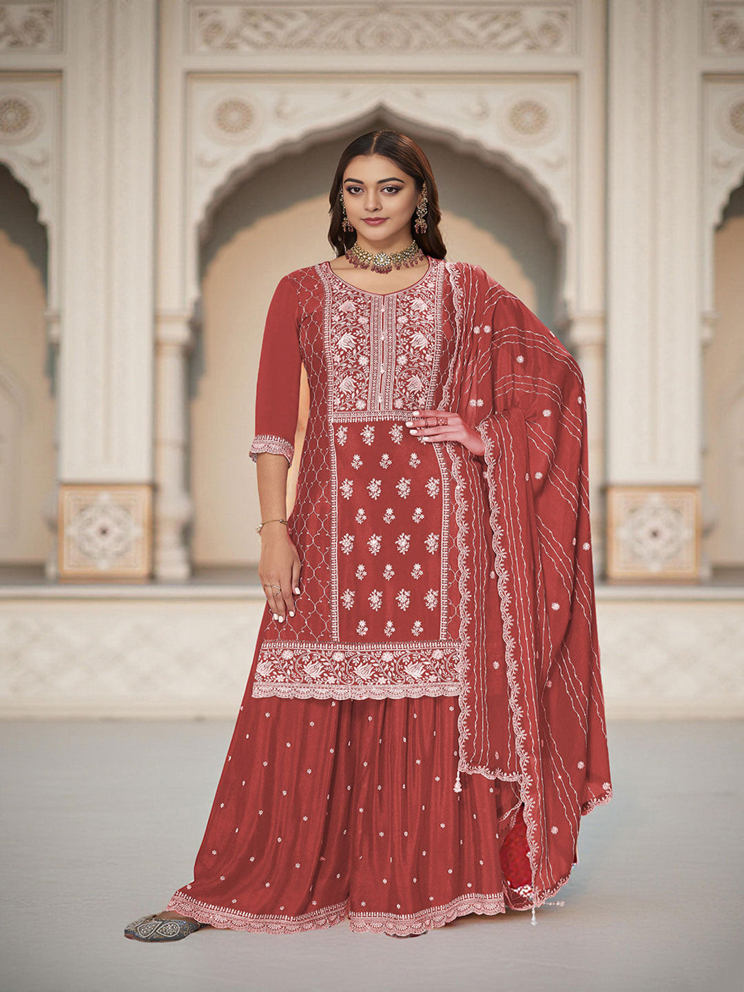 Rust Art Silk Embroidered Kurta With Sharara and Dupatta