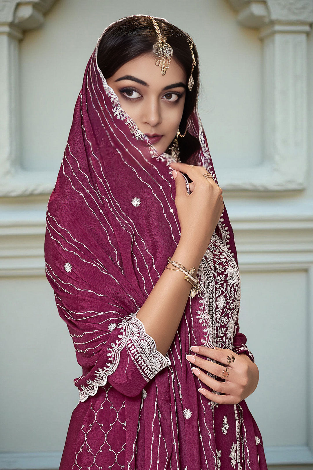 Wine Art Silk Embroidered Kurta With Sharara and Dupatta