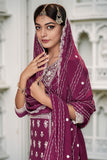 Wine Art Silk Embroidered Kurta With Sharara and Dupatta