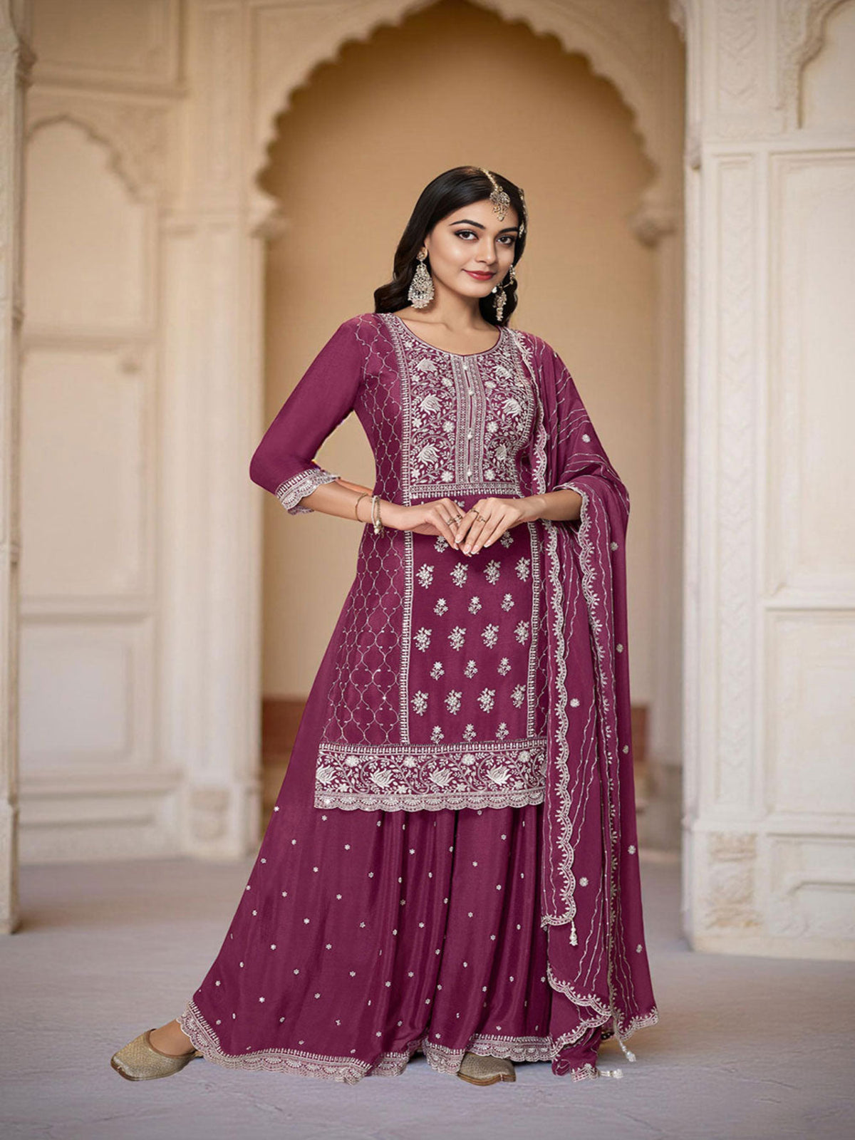 Wine Art Silk Embroidered Kurta With Sharara and Dupatta