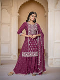 Wine Art Silk Embroidered Kurta With Sharara and Dupatta