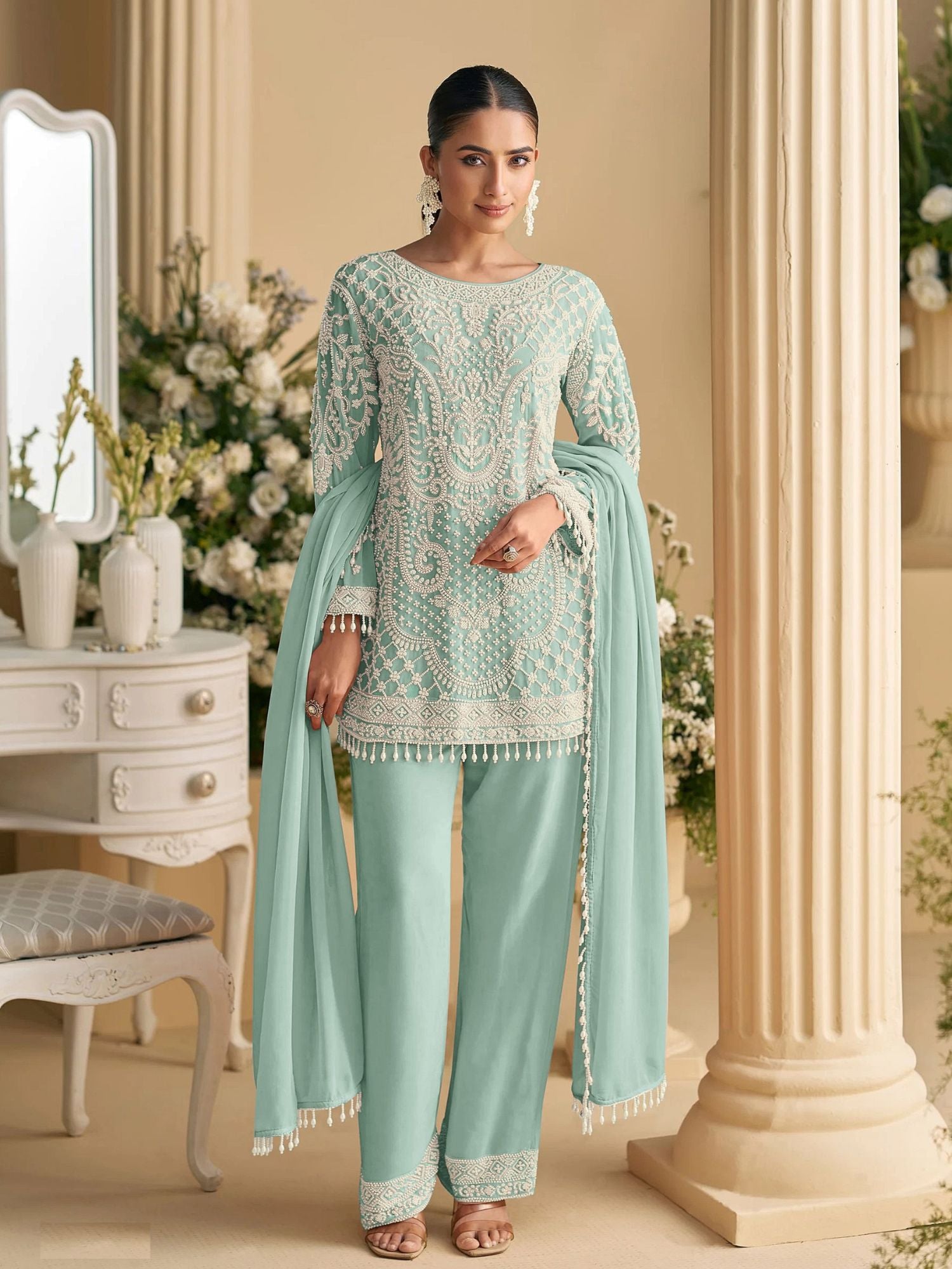 Sea Green Embroidered Pant Suit In Georgette