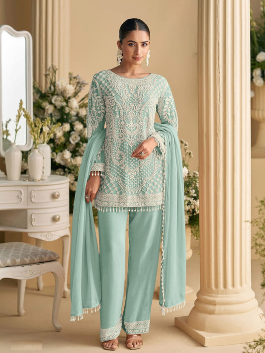 Sea Green Embroidered Pant Suit In Georgette