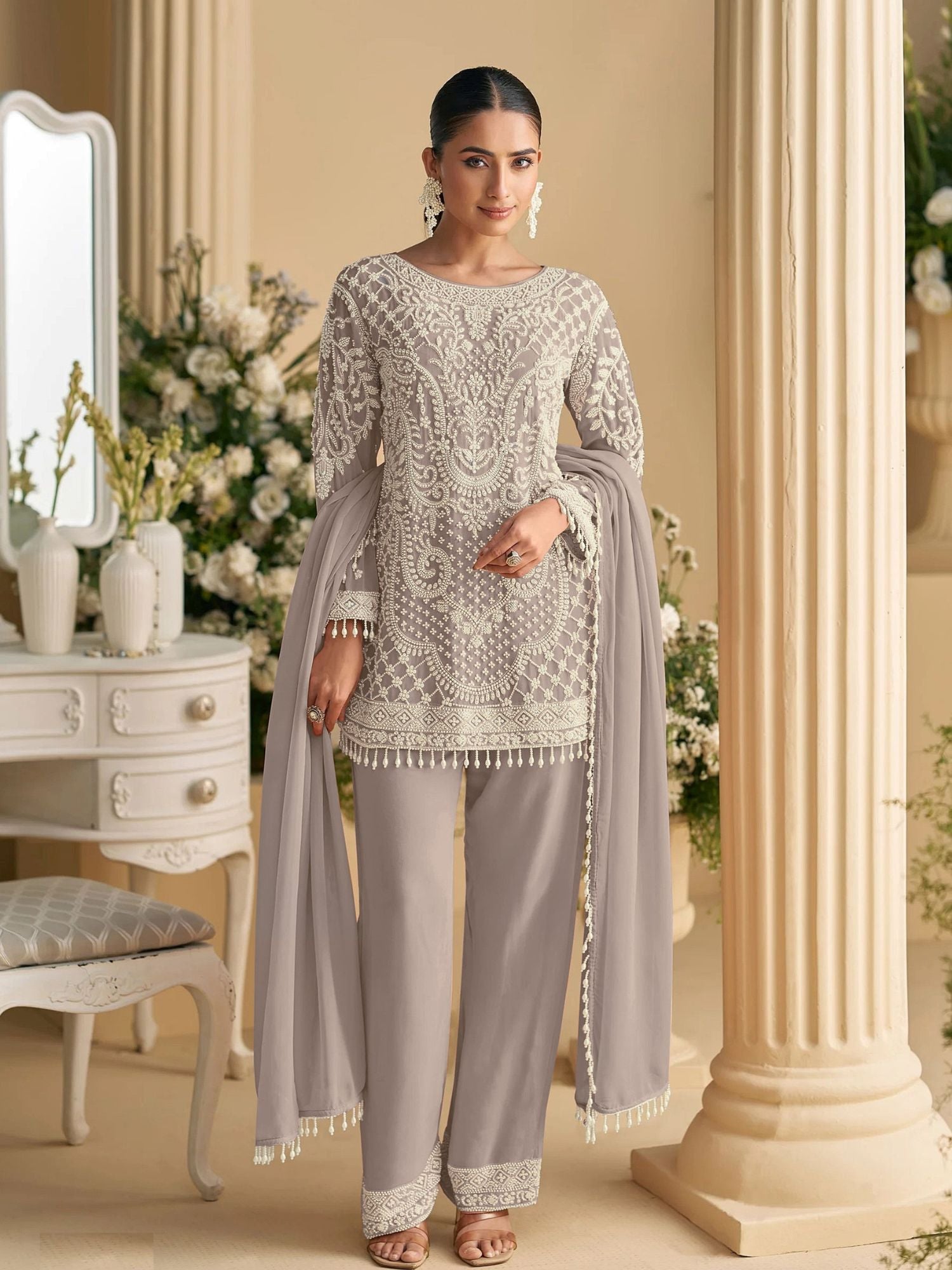 Grey Embroidered Pant Suit In Georgette