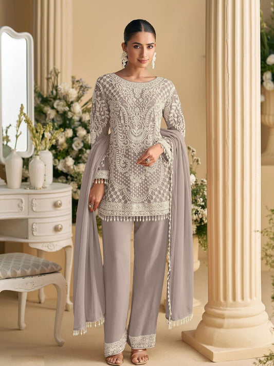 Grey Embroidered Pant Suit In Georgette