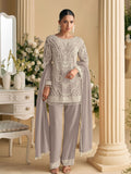 Grey Embroidered Pant Suit In Georgette