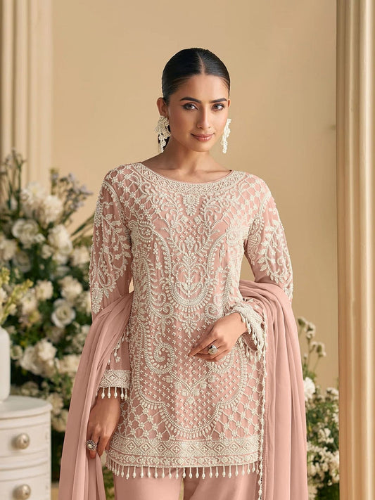 Peach Embroidered Pant Suit In Georgette