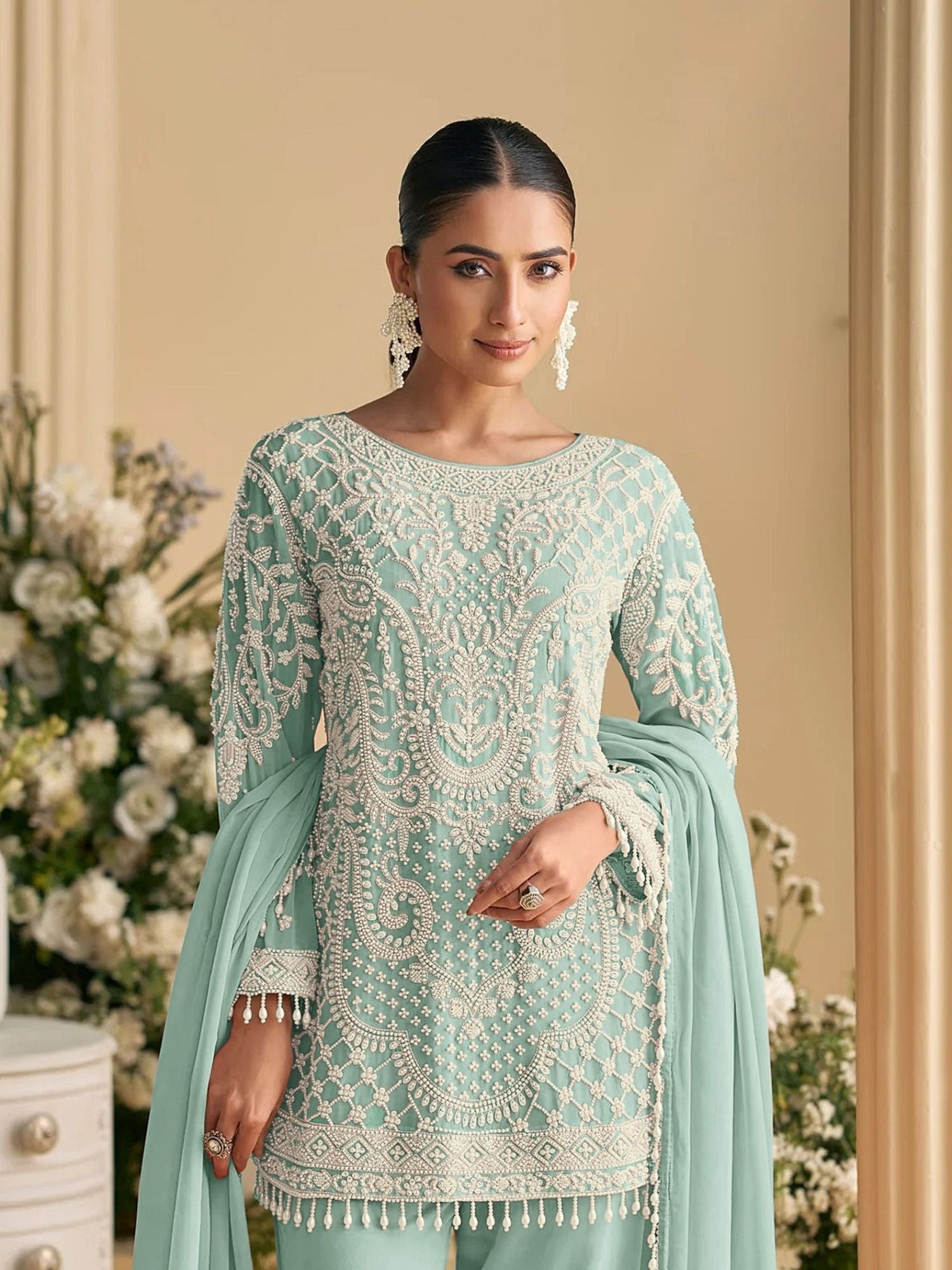Sea Green Embroidered Pant Suit In Georgette