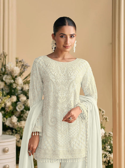Cream Embroidered Pant Suit in Georgette