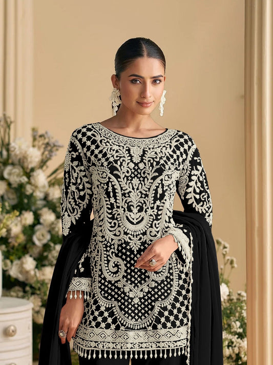Black Embroidered Pant Suit In Georgette