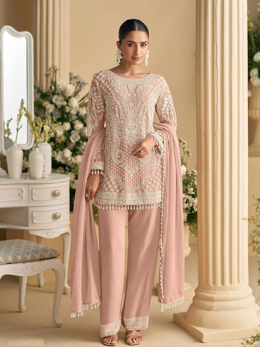 Peach Embroidered Pant Suit In Georgette