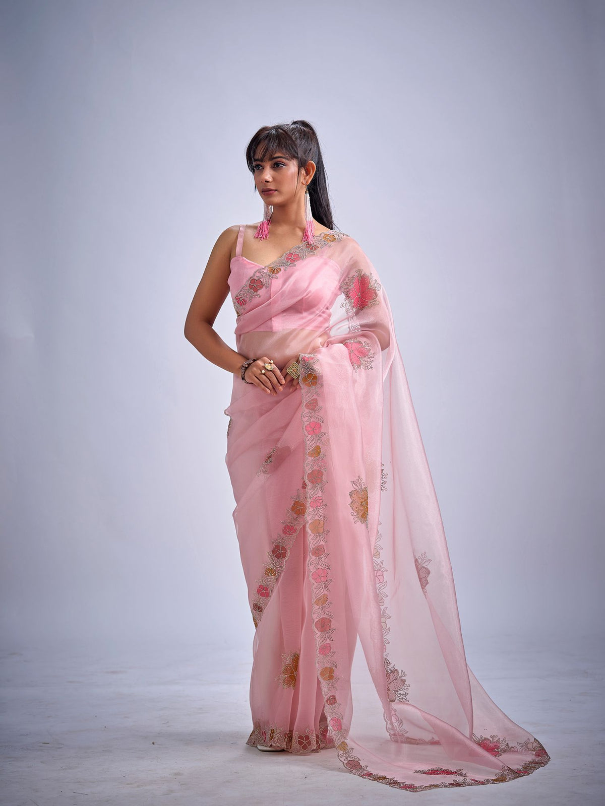 Baby Pink Organza Saree Stone Work